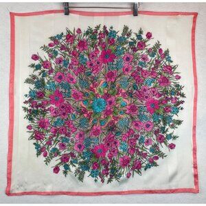 Vintage Silken Polyester Floral Scarf 29"x29" Pink Border 60s Colorful